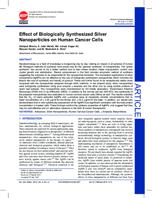 (PDF) Effect of Biologically Synthesized Silver Nanoparticles on Human ...