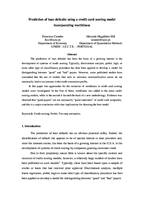 (PDF) Prediction of loan defaults using a credit card scoring model ...