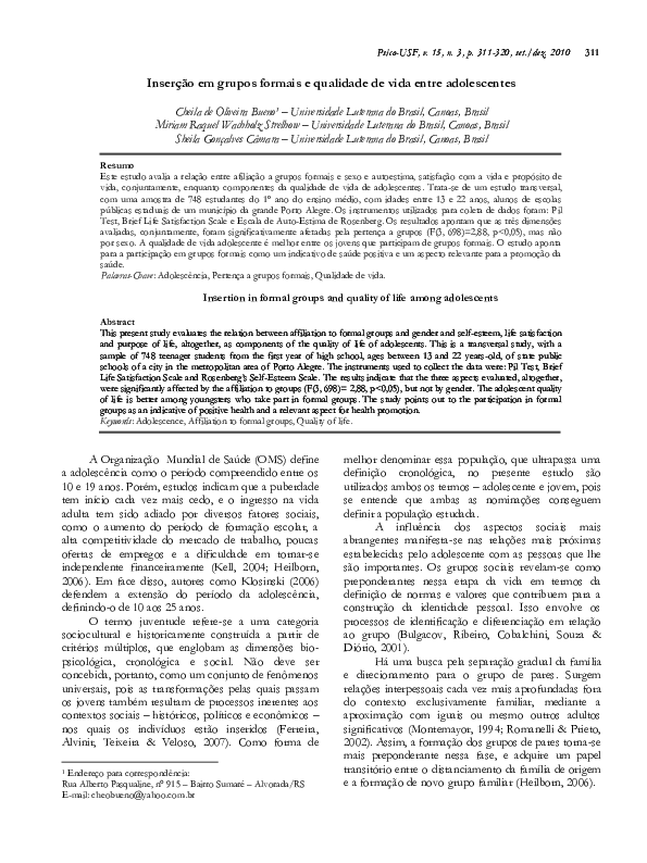 (PDF) Inserção em grupos formais e qualidade de vida entre adolescentes