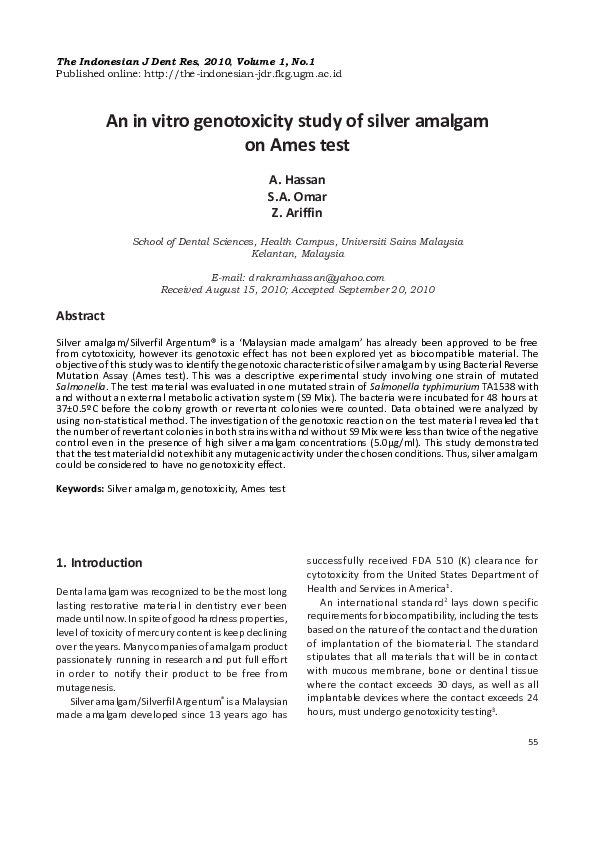 (PDF) An in vitro genotoxicity study of silver amalgam on Ames test