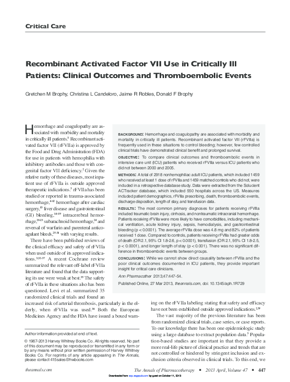 (PDF) Recombinant Activated Factor VII Use in Critically Ill Patients ...