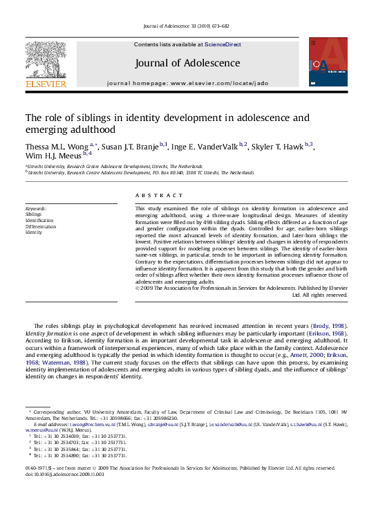 (PDF) The role of siblings in identity development in adolescence and ...