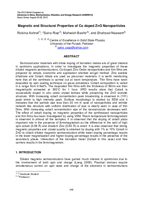 (PDF) Magnetic and Structural Properties of Co doped ZnO Nanoparticles