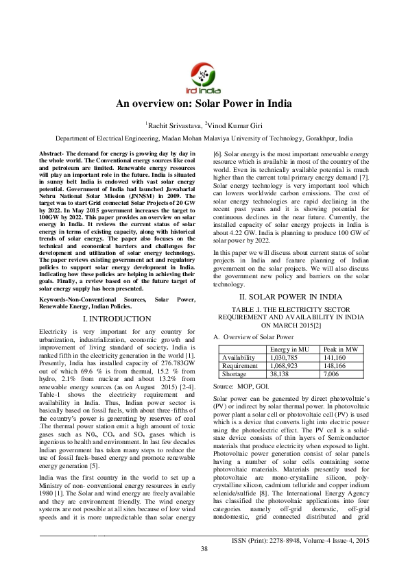 (PDF) An overview on Solar Power in India