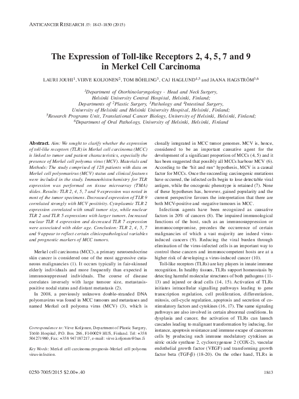 (PDF) The Expression of Toll-like Receptors 2, 4, 5, 7 and 9 in Merkel ...
