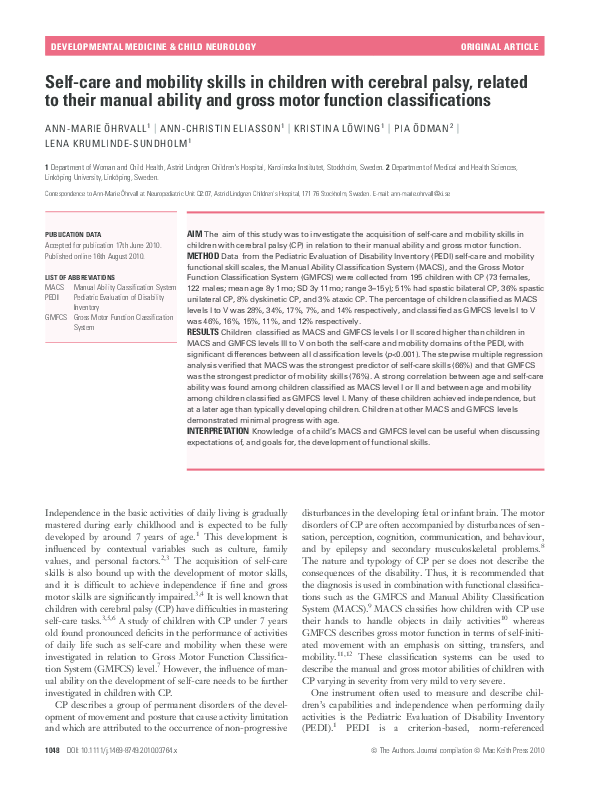 (PDF) Self-care and mobility skills in children with cerebral palsy ...