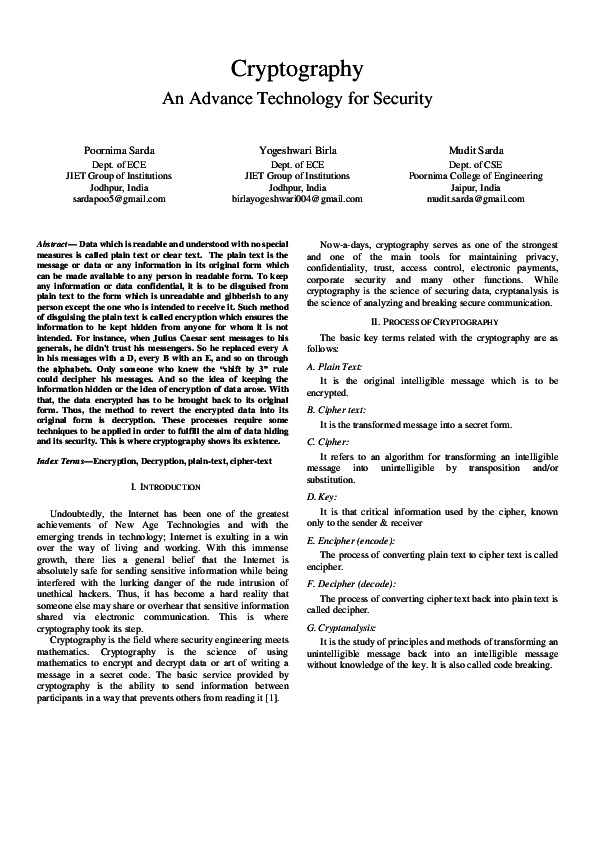 (PDF) Cryptography - An Advance Technology for Security