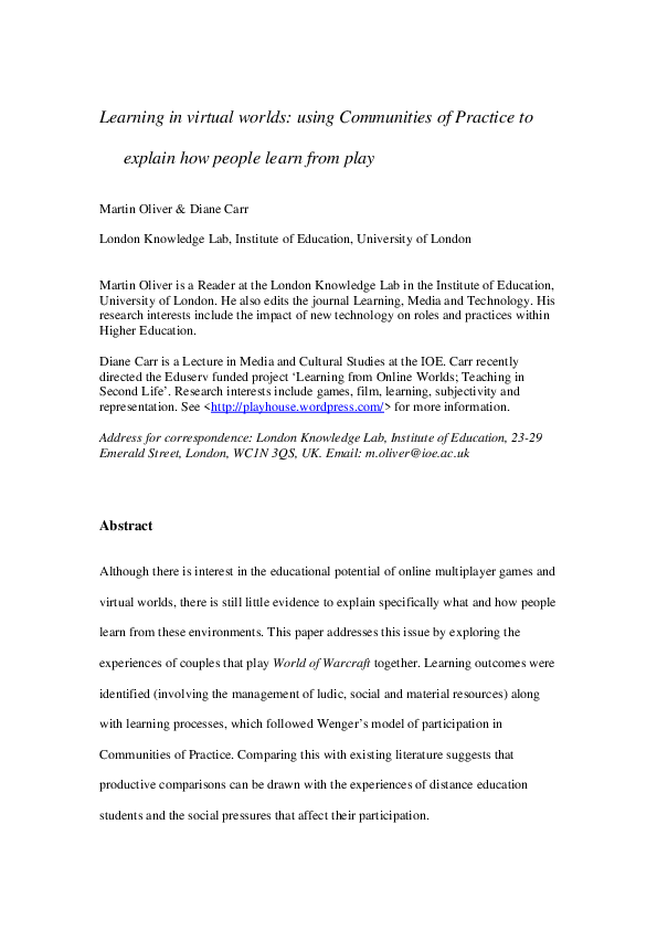 (PDF) Learning in virtual worlds: Using communities of practice to ...