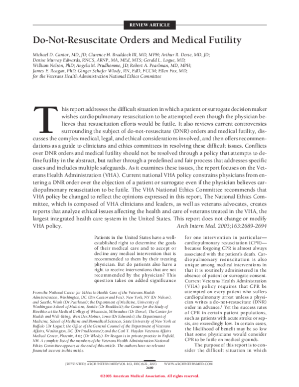 (PDF) DoNotResuscitate Orders and Medical Futility Arthur Derse