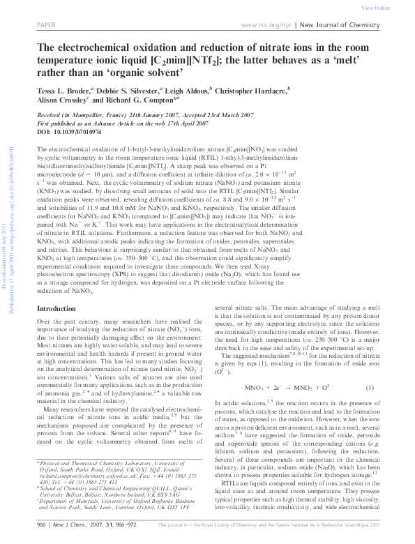 (PDF) The electrochemical oxidation and reduction of nitrate ions in