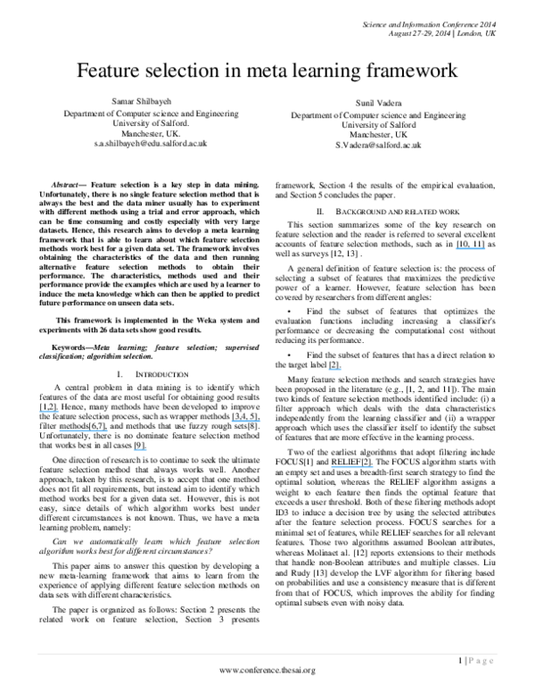 (PDF) Feature selection in meta learning framework