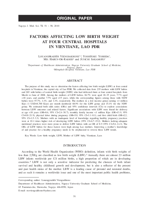 (PDF) Factors affecting low birth weight at four central hospitals in ...