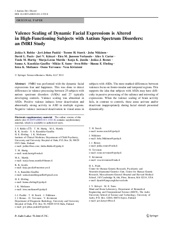 Valence Scaling of Dynamic Facial Expressions is Altered in High-Functioning Subjects with Autism Spectrum Disorders: an fMRI Study