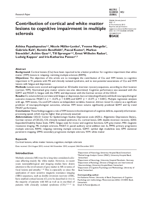 (PDF) Contribution of cortical and white matter lesions to cognitive ...