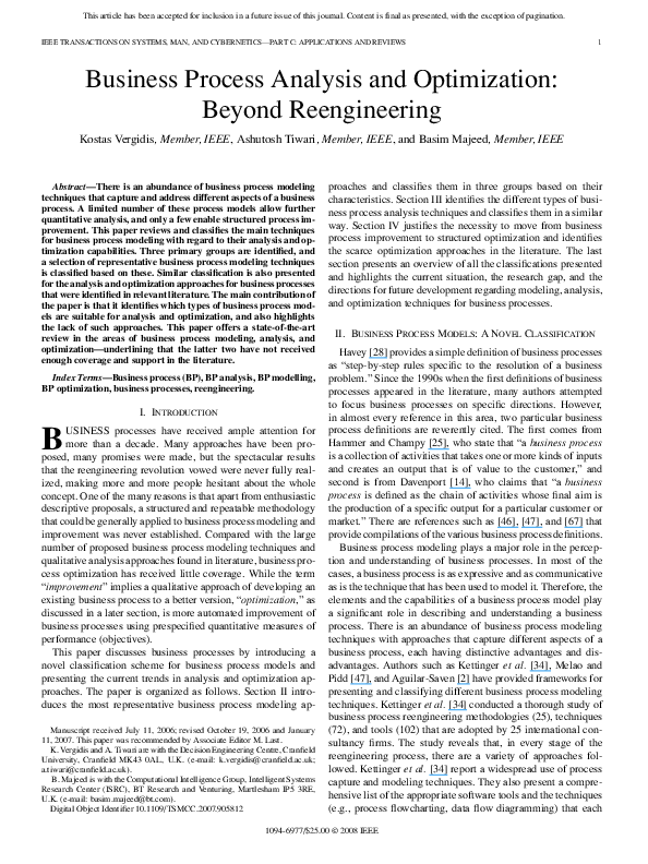 (PDF) Business Process Analysis and Optimization: Beyond Reengineering