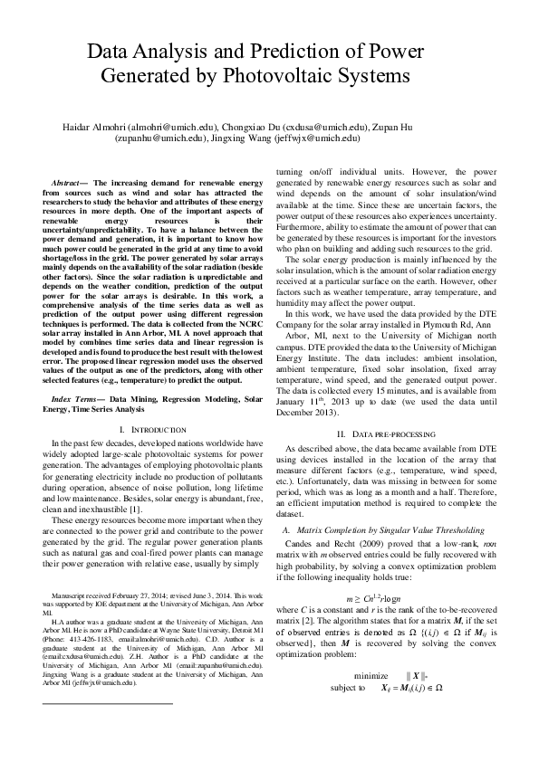 (PDF) Data Analysis and Prediction of Power Generated by Photovoltaic ...