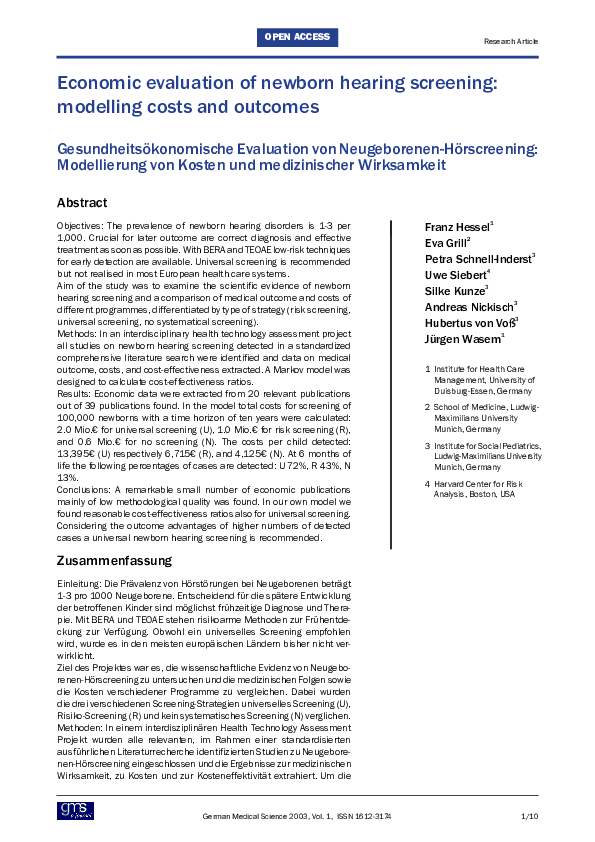 (PDF) Economic evaluation of newborn hearing screening: modelling costs ...