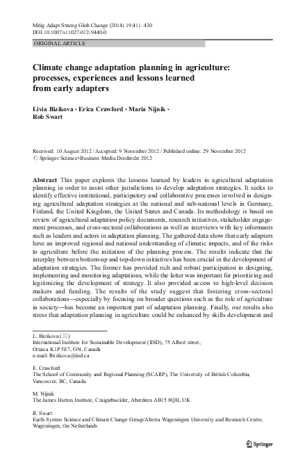 (PDF) Climate change adaptation planning in agriculture: processes ...