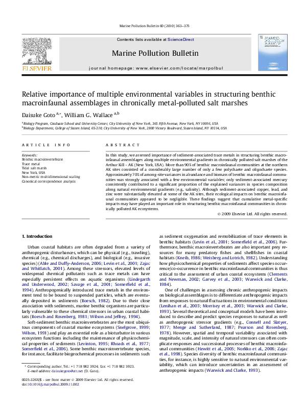 First page of “Relative importance of multiple environmental variables in structuring benthic macroinfaunal assemblages in chronically metal-polluted salt marshes”