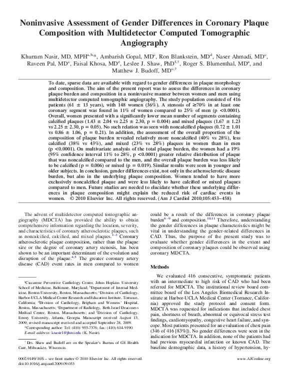 (PDF) Noninvasive Assessment of Gender Differences in Coronary Plaque ...