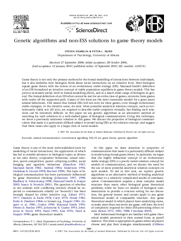 (PDF) Genetic algorithms and non-ESS solutions to game theory models
