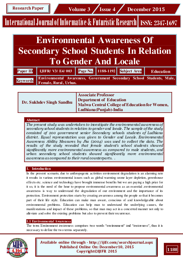 (PDF) Environmental Awareness Of Secondary School Students In Relation ...