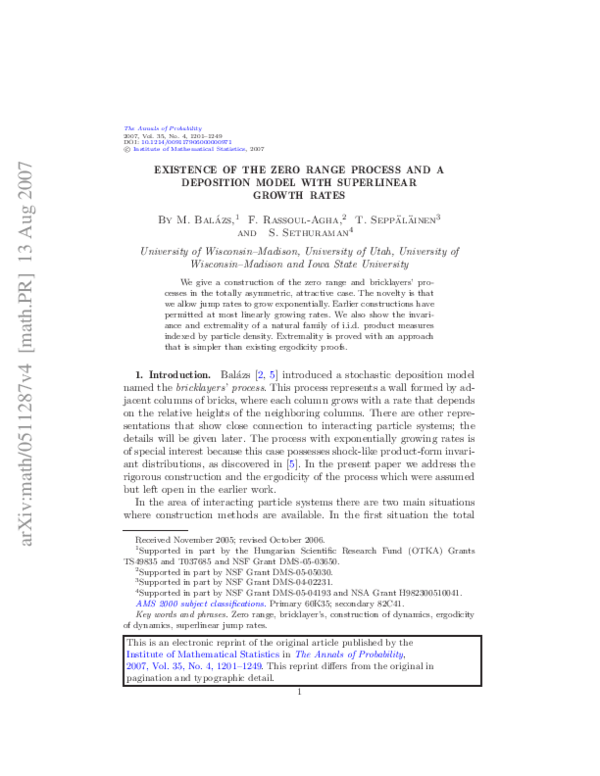(PDF) Existence of the zero range process and a deposition model with ...