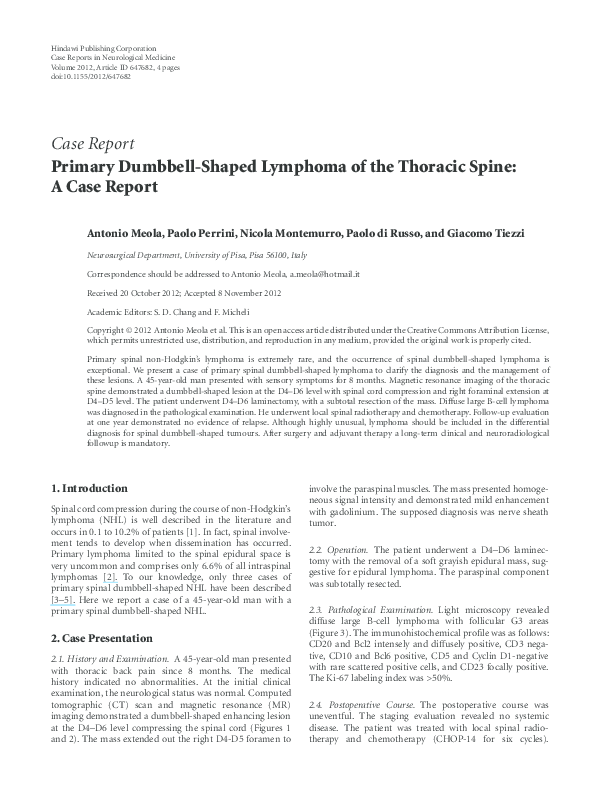 (PDF) Primary Dumbbell-Shaped Lymphoma of the Thoracic Spine: A Case Report - Cigar-Shaped Lymphoma Symptoms In Cats