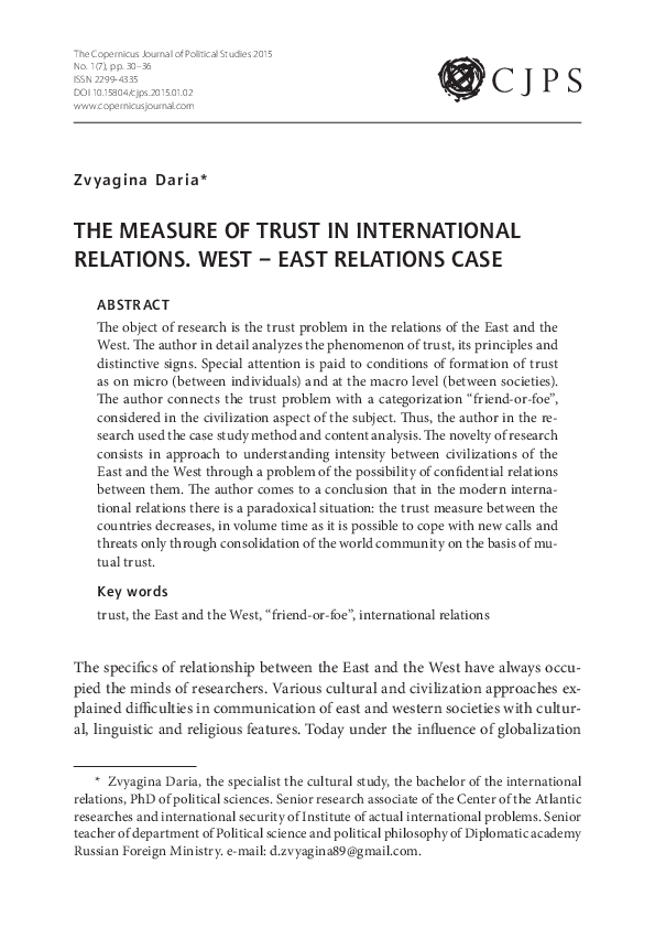 (PDF) The measure of trust in international relations. West - East ...