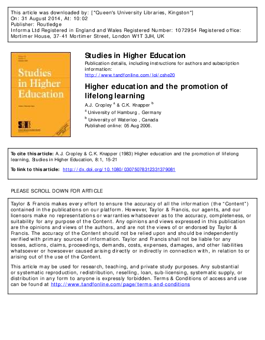(PDF) Higher education and the promotion of lifelong learning