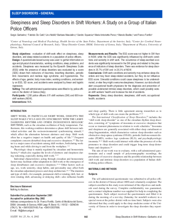 (PDF) Sleepiness and sleep disorders in shift workers: a study on a ...