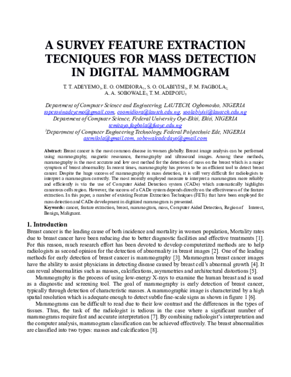 (PDF) A survey on Feature Extraction Techniques (FETs) for mass ...