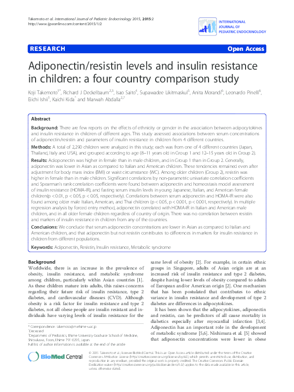 Adiponectin/resistin levels and insulin resistance in children: a four ...