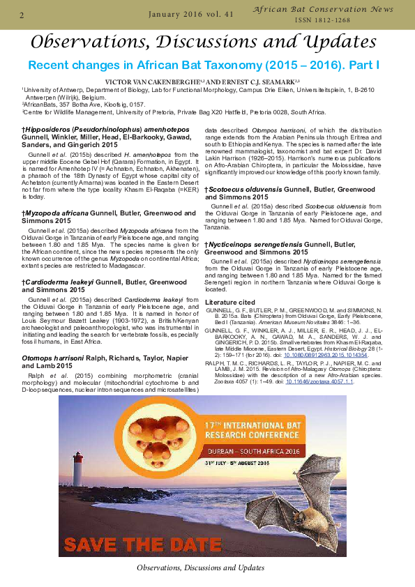 Recent changes in African Bat Taxonomy (2015 2016). Part I Victor