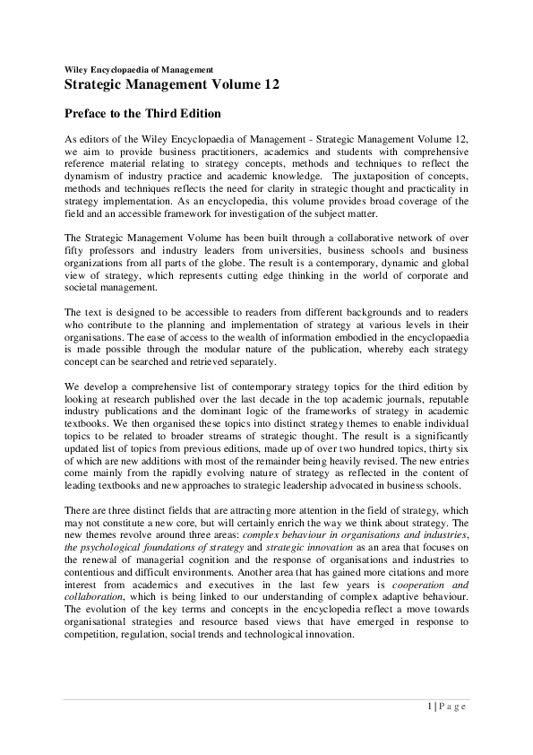 (PDF) Wiley Encyclopedia of Management Strategic Management Volume 12