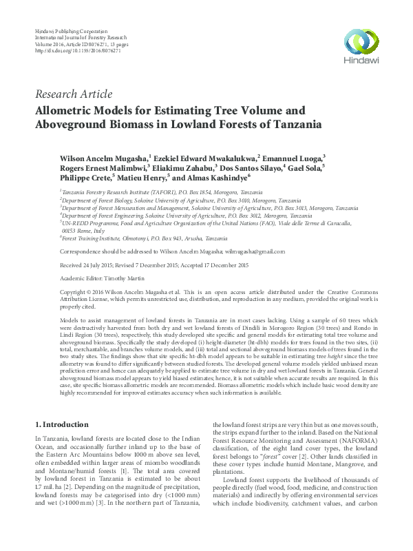 (PDF) Allometric Models for Estimating Tree Volume and Aboveground ...