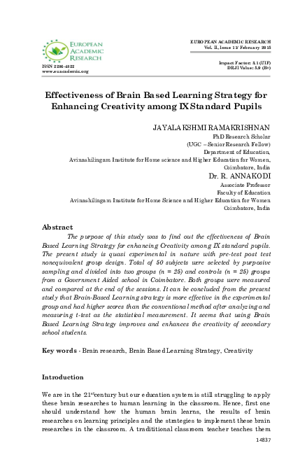(PDF) Effectiveness of Brain Based Learning Strategy for Enhancing ...