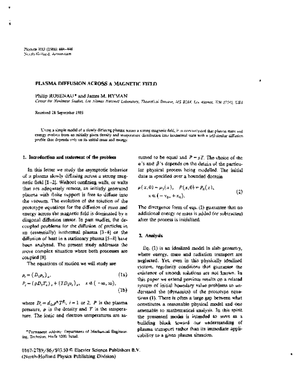 (PDF) Plasma diffusion across a magnetic field
