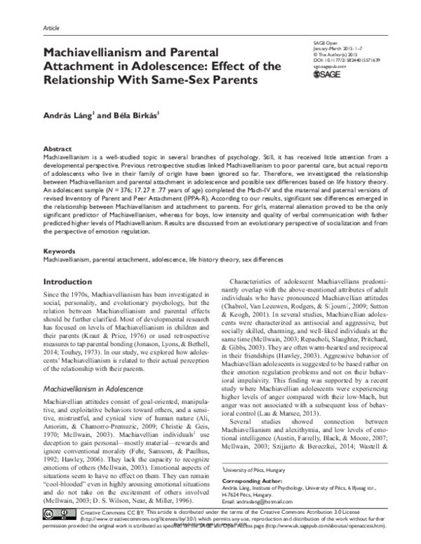 (PDF) Machiavellianism and Parental Attachment in Adolescence: Effect ...