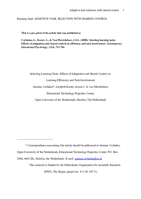 (PDF) Selecting learning tasks: Effects of adaptation and shared ...