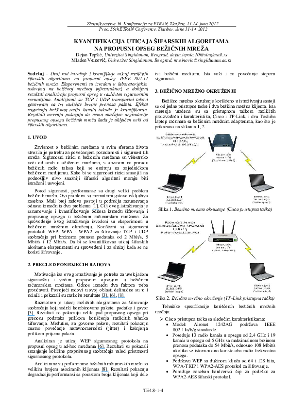 First page of “KVANTIFIKACIJA UTICAJA ŠIFARSKIH ALGORITAMA NA PROPUSNI OPSEG BEŽIČNIH MREŽA”