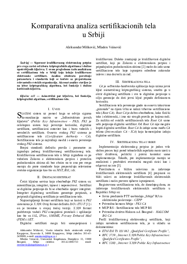 First page of “Comparative analysis of the Certification Authority in Serbia”