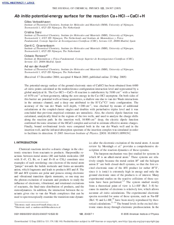 (PDF) Ab initio potential-energy surface for the reaction Ca+HCl→CaCl+H
