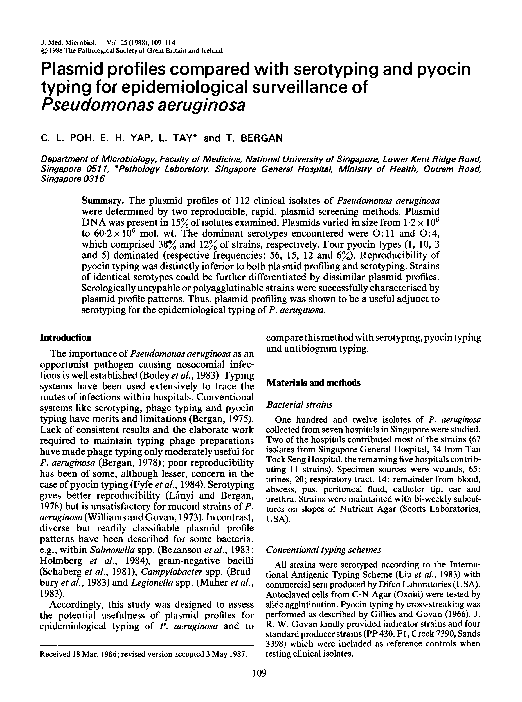 (PDF) Plasmid profiles compared with serotyping and pyocin typing for ...