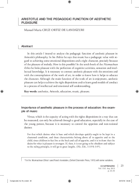 (PDF) Aristotle and the pedagogic function of aesthetic pleasure