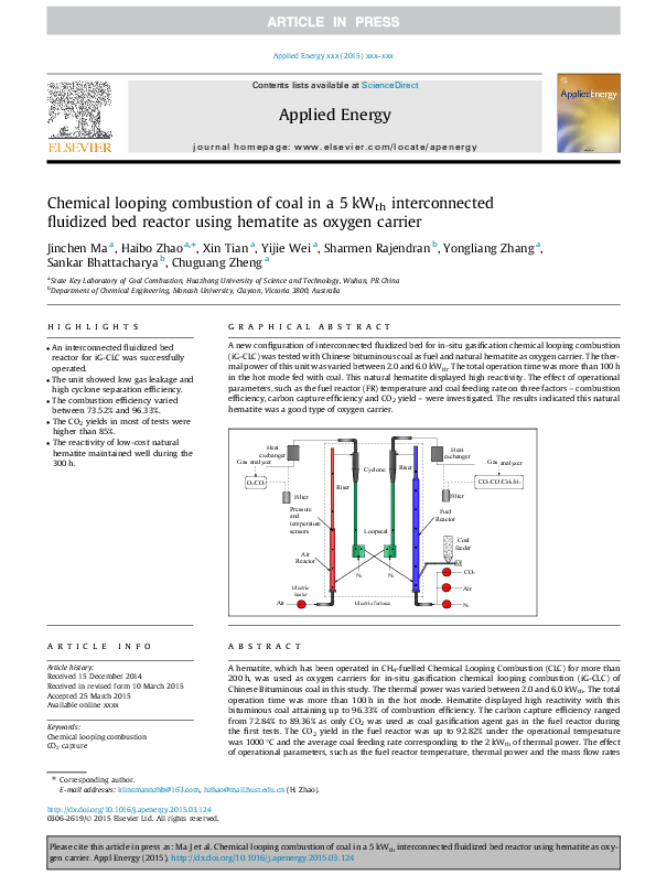 (PDF) Chemical looping combustion of coal in a 5kWth interconnected ...