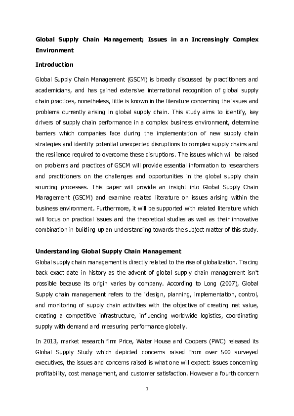 (PDF) Global Supply Chain Management; Issues in an Increasingly Complex ...