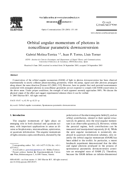 (PDF) Orbital angular momentum of photons in noncollinear parametric ...