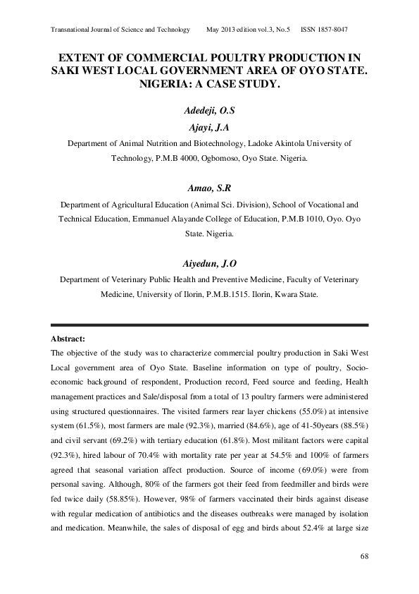 (PDF) Extent of comercial poultry production in saki west local ...