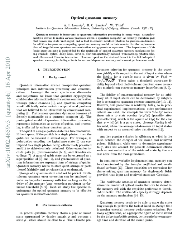 (PDF) Optical quantum memory